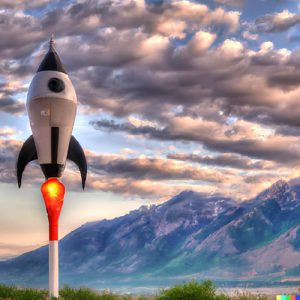 DALL·E 2022-08-12 12.34.11 - HDRI photograph of a cartoonish rocketship launching in front of the mountain range in Provo Utah
