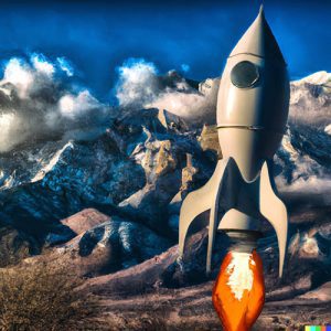 DALL·E 2022-08-12 12.34.18 - HDRI photograph of a cartoonish rocketship launching in front of the mountain range in Provo Utah